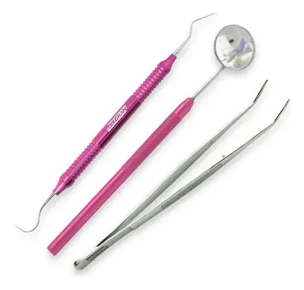 Kit Clínico Odontológico Golgran Rosa Com 3 Peças De Aço Inoxidável